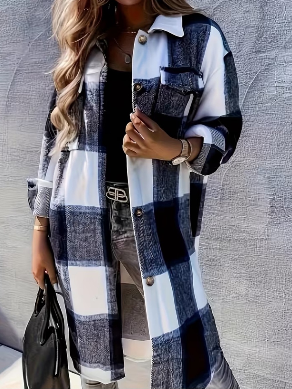 Plaid Print Long Length Jacket, Casual Button Front Flap Pockets Outwear, Women